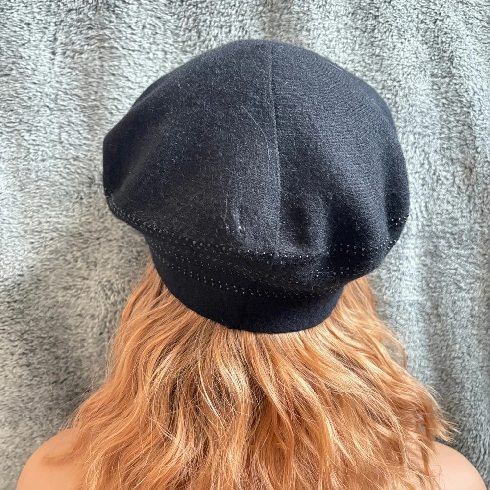 Jones New York Womens Beret OS Black Studded Wool Blend Hat Classic Glam 20249